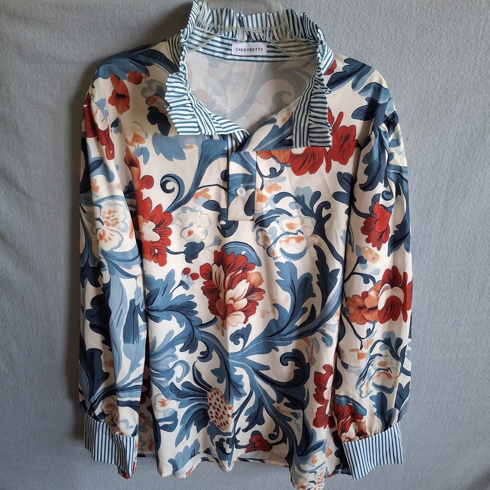 CHERYBETTY Womens Large Floral Blouse Striped Ruffle Collar Long Sleeve Top Vtg